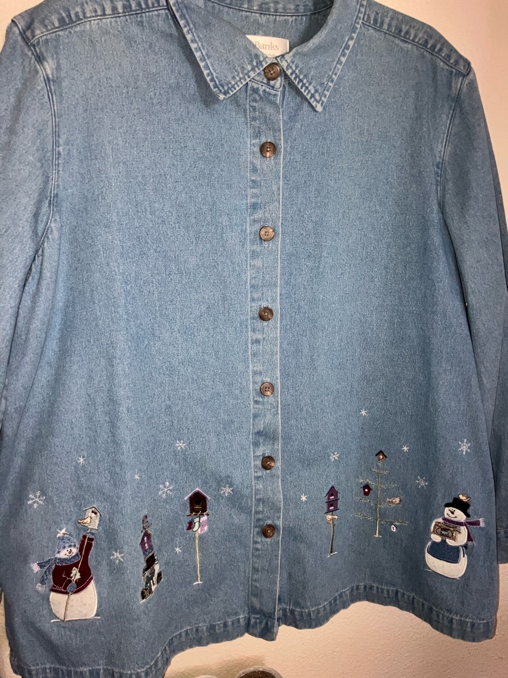 Vtg CJ‎  Banks Light Wash Denim Button-Up Shirt with Snowman Embroidery 1X